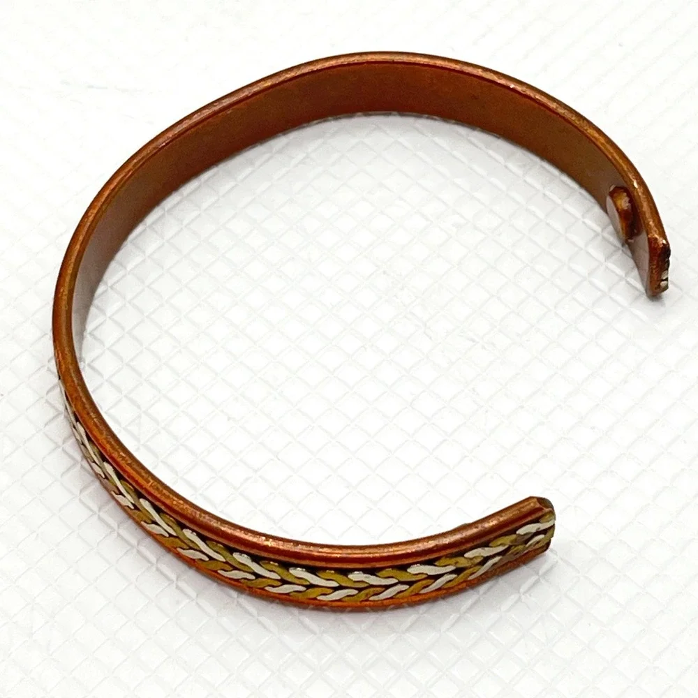 Vintage Copper Tri-Tone Braided Rope Cuff Bracelet w/ Gold and Silver Tone